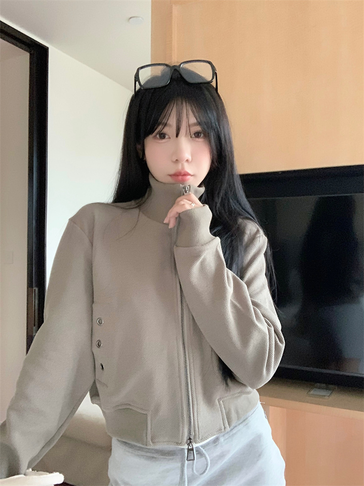 實拍 設計感百搭夾克雙拉鏈立領長袖外套