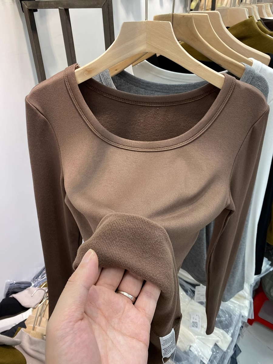 European low round neck clavicle plus thin velvet thread long-sleeved T-shirt for women 2023 autumn and winter new inner layering shirt top