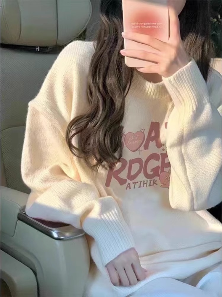 古着vintage愛心毛衣設計感小眾女秋冬慵懶風小個子圓領針織上衣