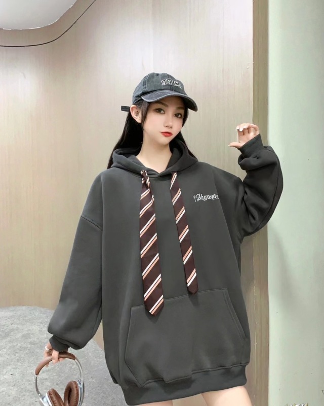 2023秋冬加絨加厚刺繡帶領帶衛衣女ins潮牌休閒百搭學院風衛衣女