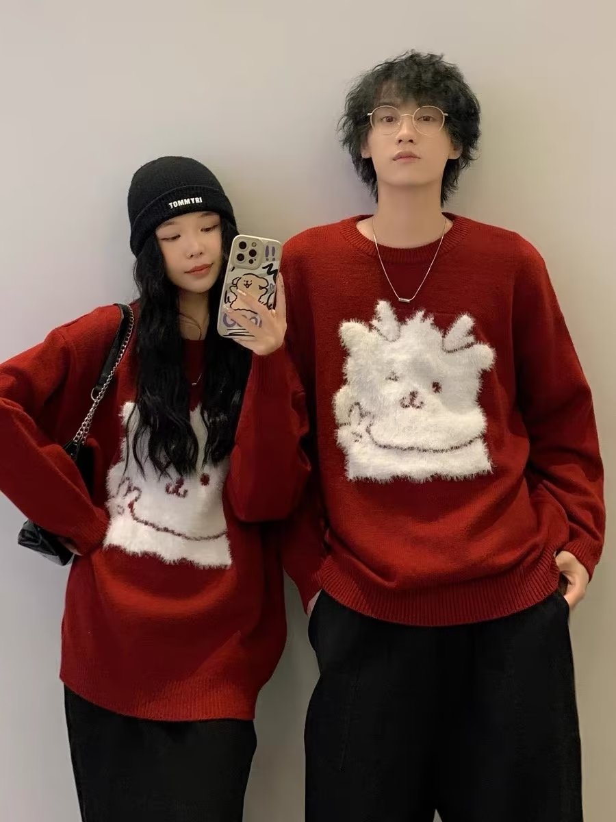 秋冬潮牌毛絨兔子刺繡針織衫男女寬鬆慵懶風百搭情侶毛衣學生上衣