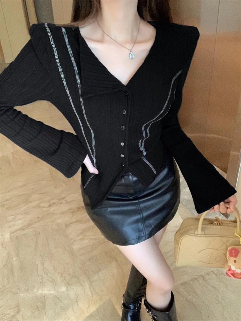 實拍！實拍！辣妹針織衫女新款2023新款不規則沒計感顯瘦長袖上衣