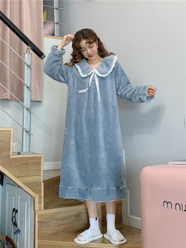 實拍 加絨韓版寬鬆公主風可愛蕾絲邊蝴蝶結甜美少女家居睡衣睡裙