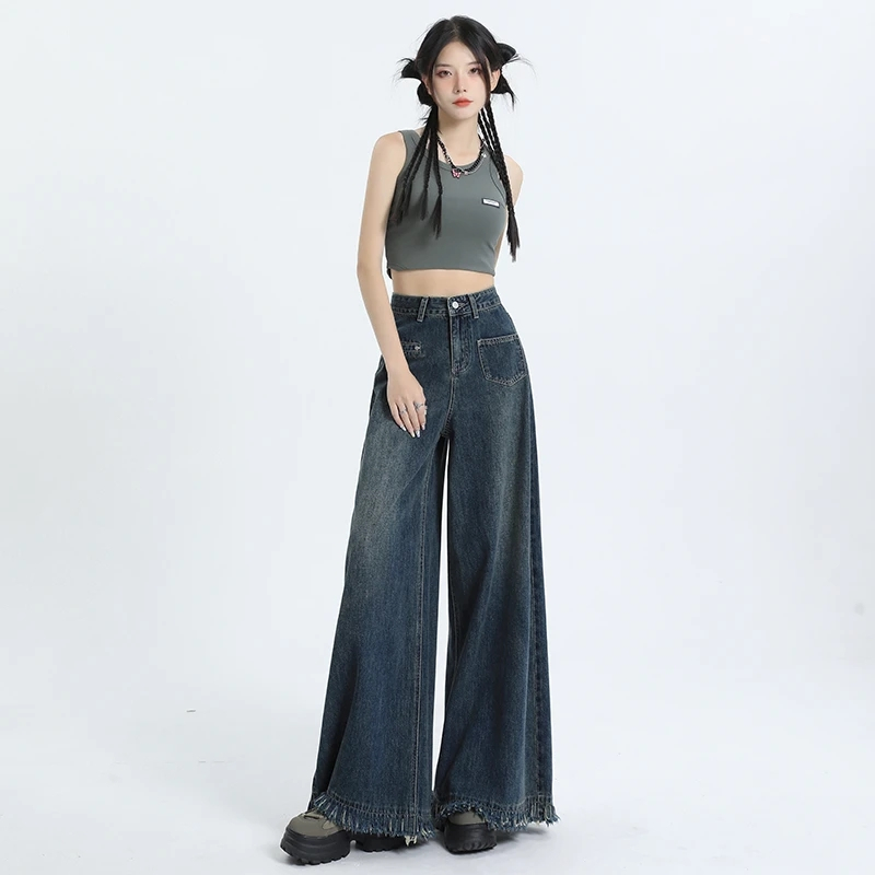 美式流蘇毛邊大闊腿牛仔褲女高腰顯瘦時尚潮流拖地直筒褲ins高街