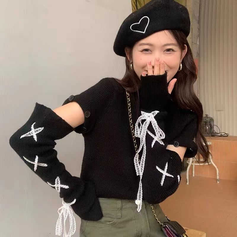 蕾絲拼接綁帶針織衫女修身短袖t恤毛衣帶袖套打底衫秋冬上衣