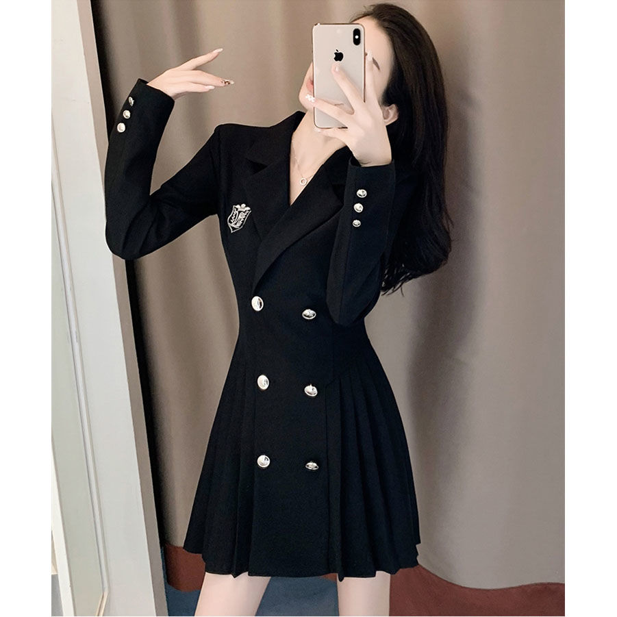 2023 new autumn and winter high-cold royal sister style suit lapel dress college style pleated skirt to slim down the waist
