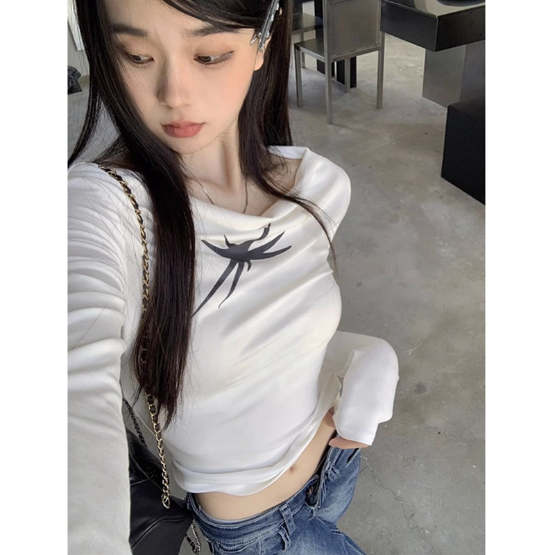 美式辣妹一字肩T恤女秋季純欲風修身顯瘦設計感上衣