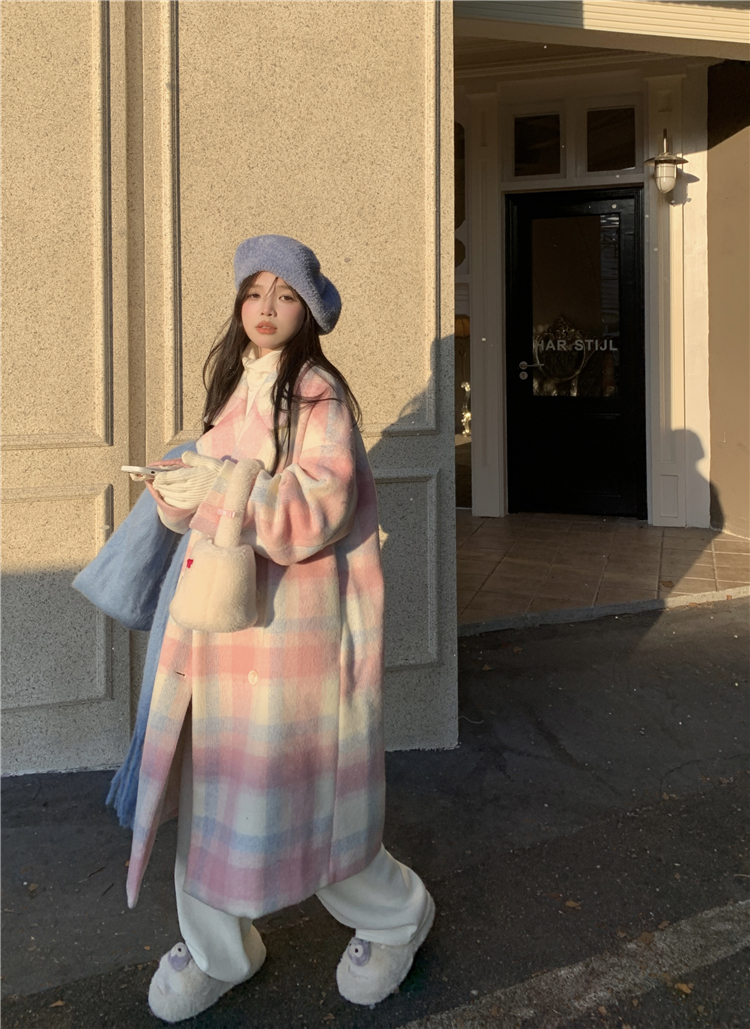 實拍~格紋毛呢外套女冬新款高級感小香風中長款呢子大衣
