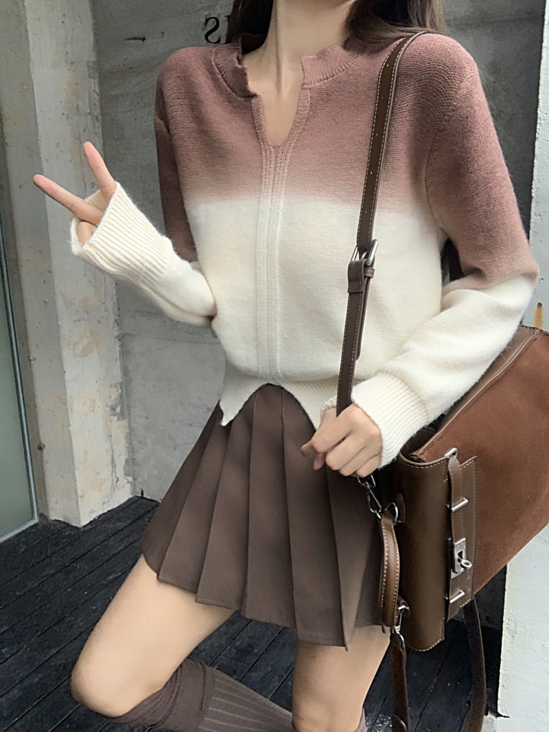 實拍 2023新款漸變拼色V領套頭毛衣女簡約長袖針織衫上衣