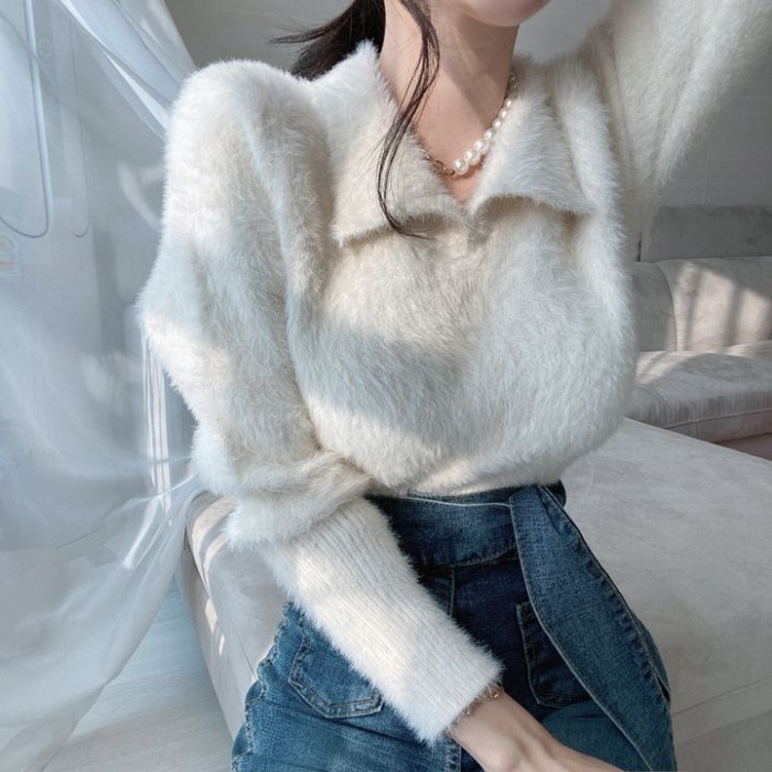 水貂絨POLO領毛衣女春秋設計感小眾軟糯寬鬆外穿高腰短款內搭上衣