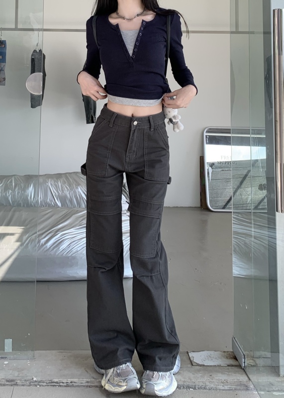 實拍秋季美式新款工裝直筒牛仔闊腿休閒褲