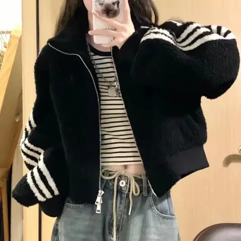 短款韓版拉鏈2023秋冬季羊羔絨休閒外套女簡約加厚潮