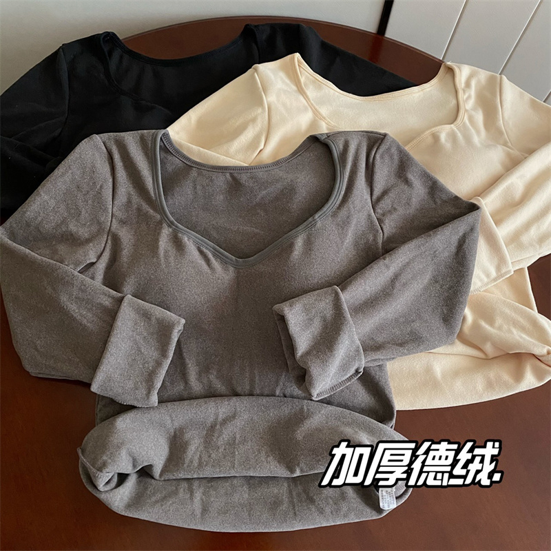 帶胸墊加絨加厚一體打底衫內搭女秋冬新款灰色v領長袖T恤修身上衣