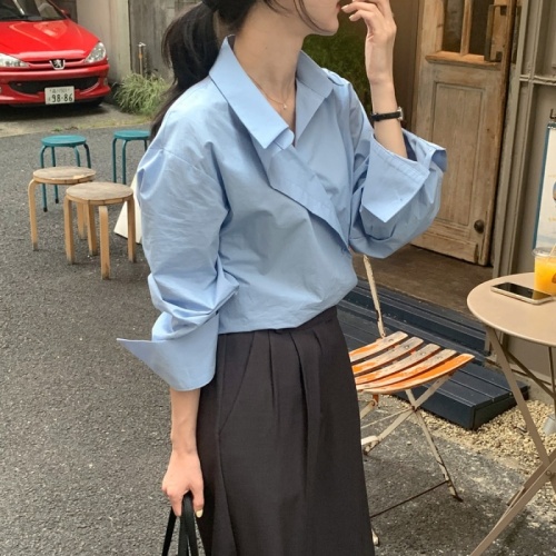 韩国chic复古小众不规则设计感斜扣宽松休闲长袖衬衫上衣