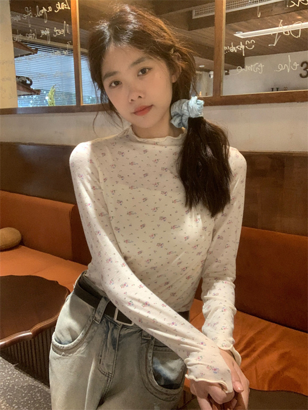 實拍  甜美碎花荷葉領小高領顯瘦修身長袖打底衫