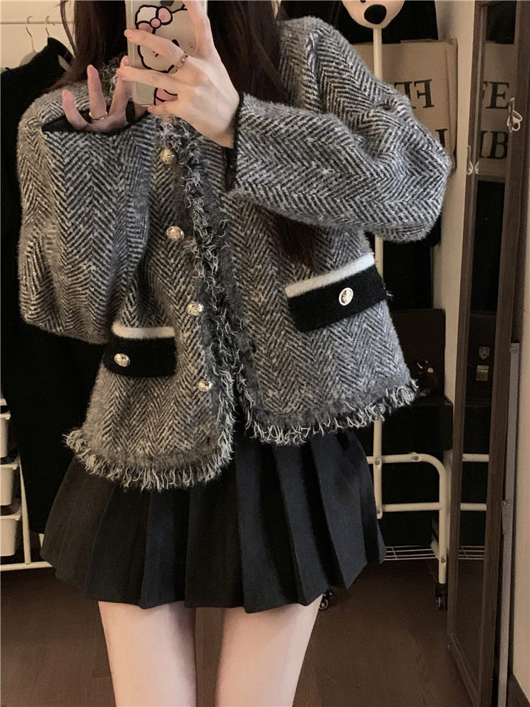 實拍  氣質小香風外套女高級感短款精緻粗花呢流蘇上衣