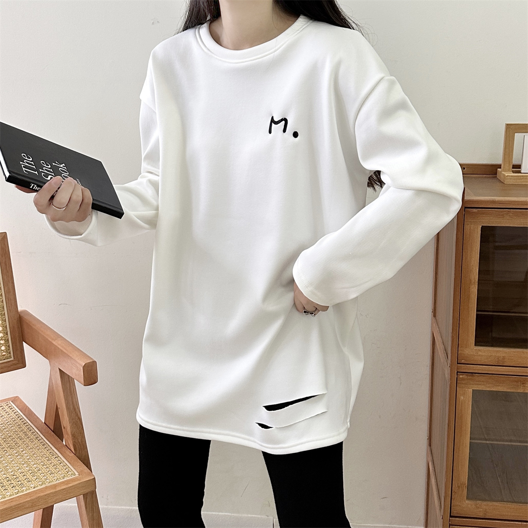 實拍破洞白色女2023新款秋冬裝歐貨中長款加絨小眾設計感質感上衣