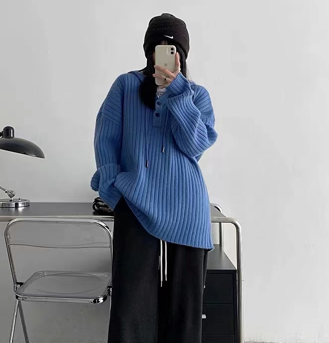 秋冬新款坑條連帽毛衣女日系軟糯慵懶寬鬆內搭外穿針織衫毛衣外套