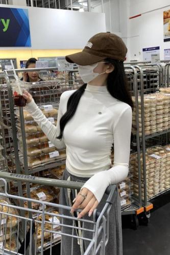 Photographed Autumn/Winter Korean Style Versatile Fitted Half-Neck Pleated Design Pure Cotton Base Layer T-Shirt for Women