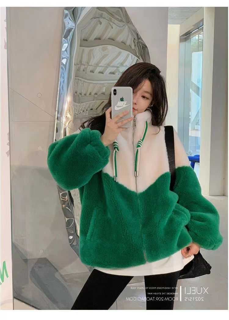 300g lamb wool plus embroidery stitching lamb wool cotton coat for women winter loose plus velvet thickened jacket ins