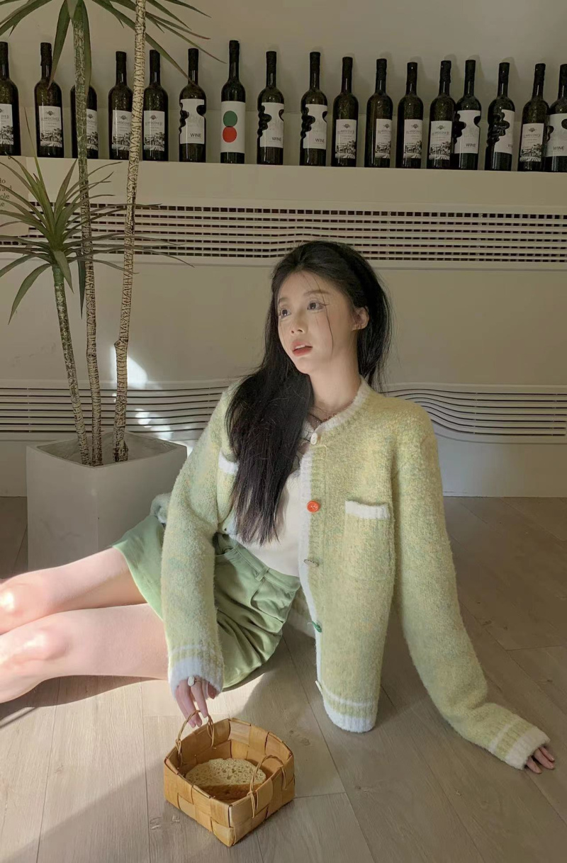 實拍~小香風針織開衫奶fufu綠色溫柔風軟糯厚實毛衣外套秋冬