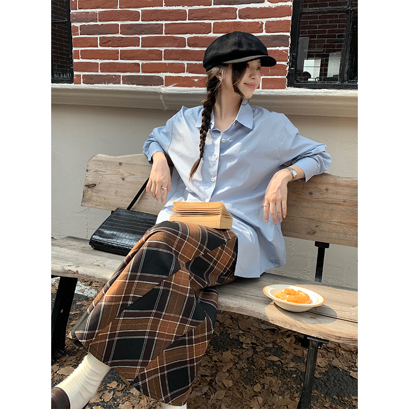 實拍2023秋季疊穿韓式純色寬鬆襯衫女簡約氣質長袖通勤鹽系襯衣