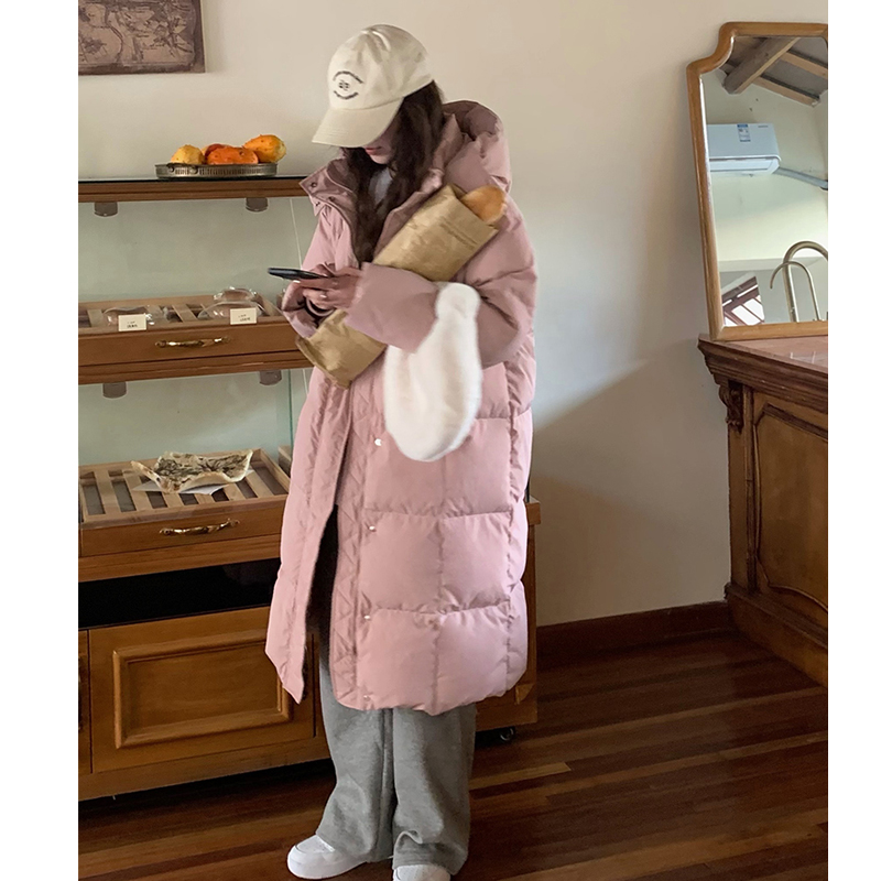2023 Down Cotton Jacket Women's Winter College Style Hooded Pink Mid-Length Over-the-Knee Bread Jacket Thick