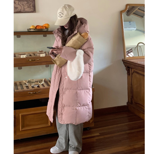  Down Cotton Jacket Women's Winter College Style Hooded Pink Mid-Length Over-the-Knee Bread Jacket Thick