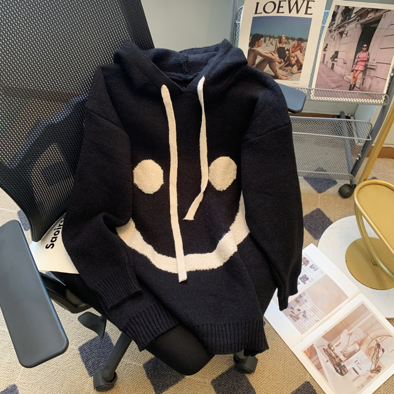 設計感小眾笑臉刺繡連帽外套針織衫女秋冬慵懶風oversize加厚毛衣