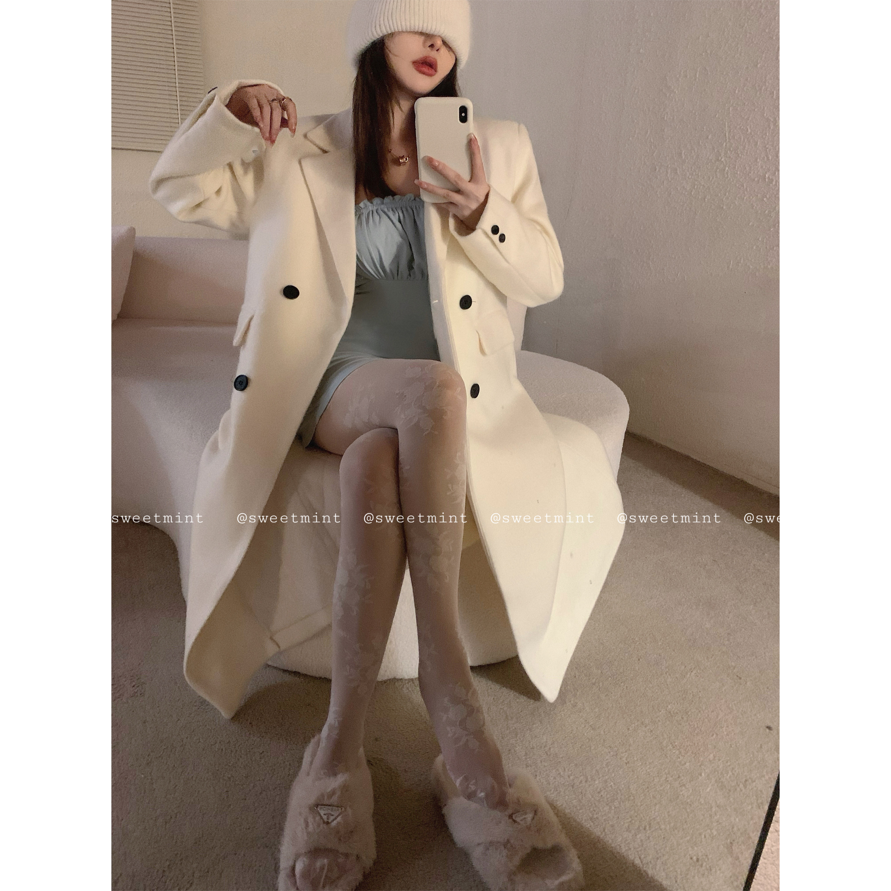 實拍  長款毛呢外套女冬季復古加厚夾棉過膝中長款呢子大衣
