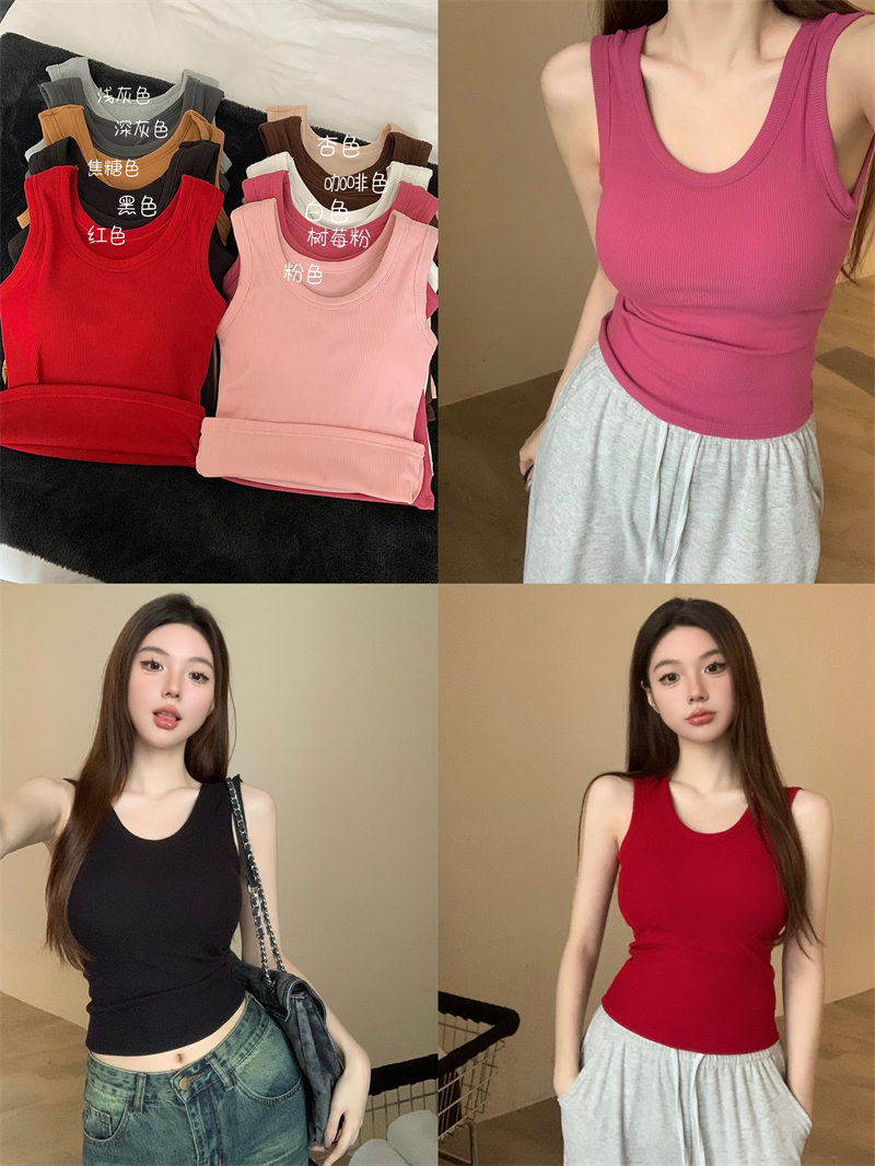 實拍價十色/U領秋冬加厚保暖帶胸墊無袖背心修身顯瘦打底上衣