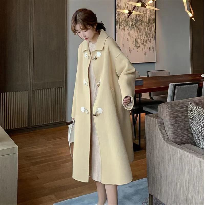 秋冬新款森女中長款外套學院風連帽牛角扣呢子大衣學生寬鬆上衣女