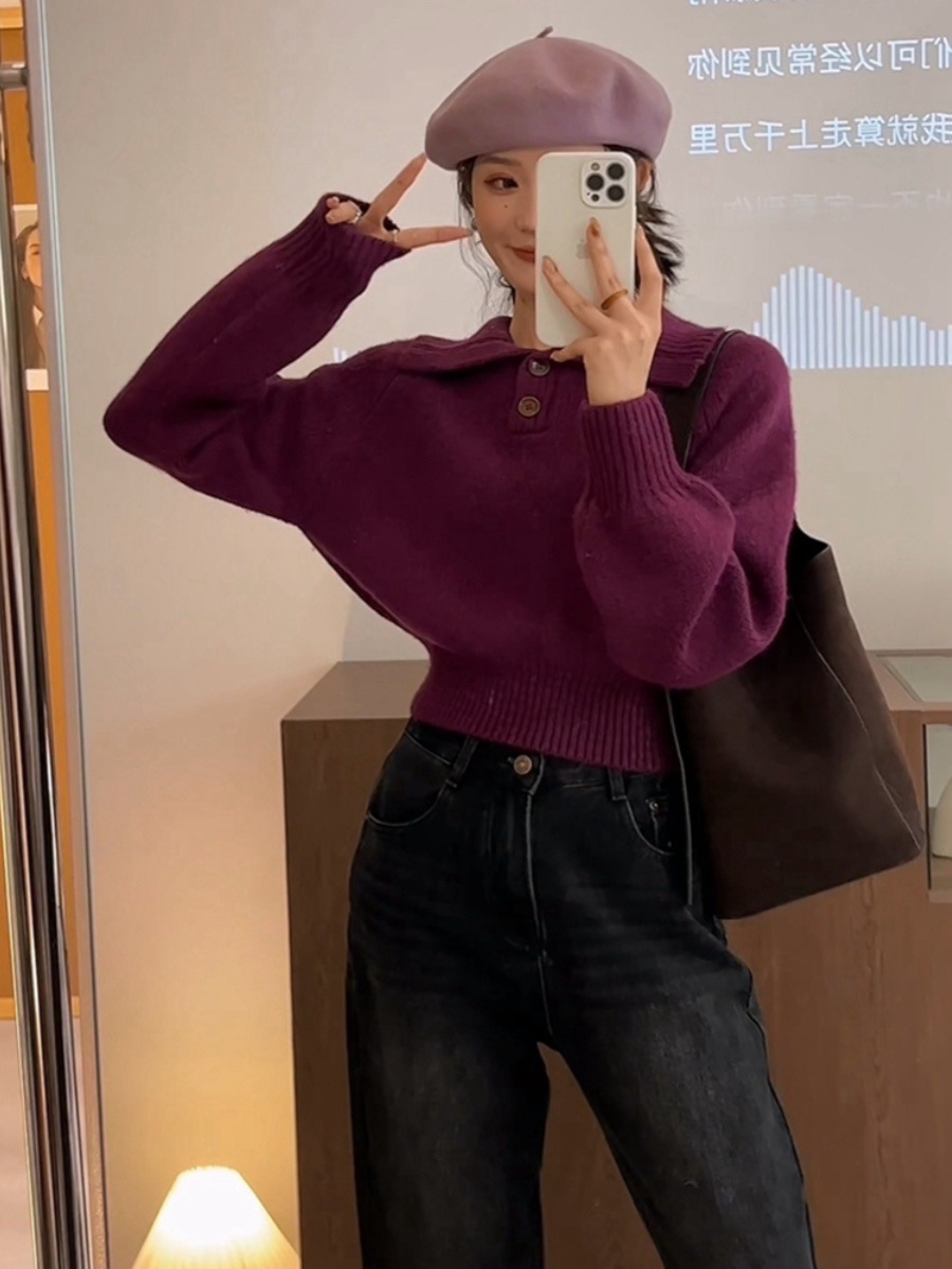 hello2023秋季新款韓版寬鬆顯瘦洋氣減齡純色小眾套頭針織上衣女