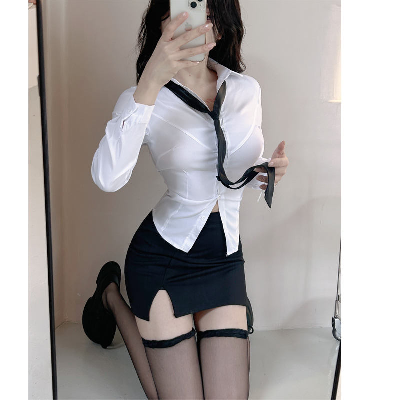 制服套裝女秋季職業裝V領性感純欲風辣妹襯衫包臀裙短裙工作服