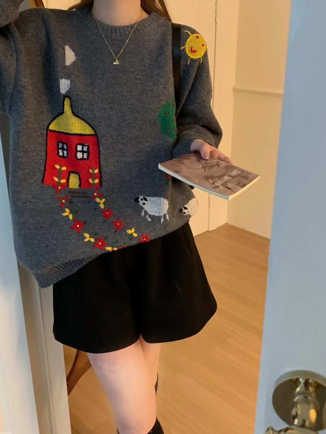 日系復古學院風童趣卡通毛衣外套女秋冬學生寬鬆慵懶風灰色針織衫