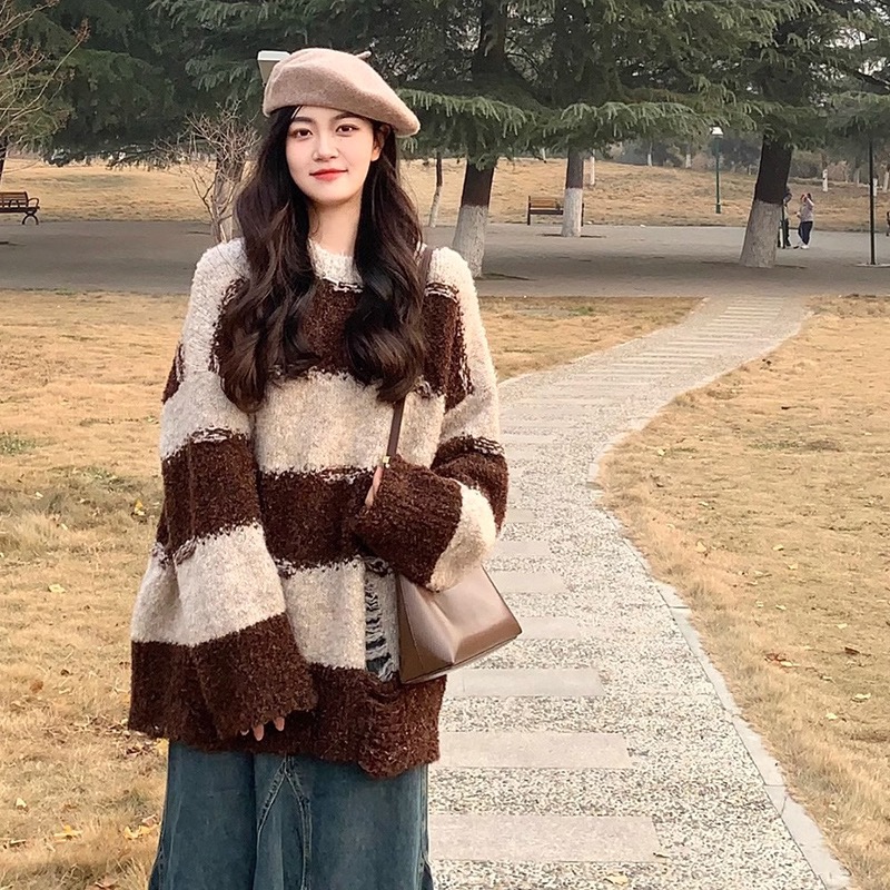 韓系慵懶風咖色條紋破洞毛衣女別致設計感秋冬軟糯復古針織衫上衣