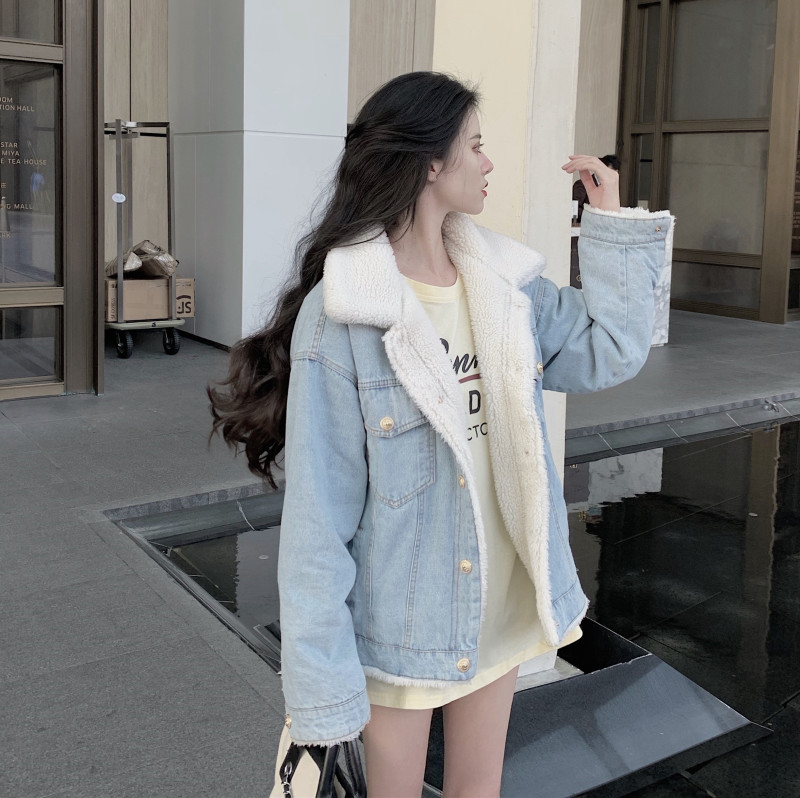 實拍 有 冬季新款加絨加厚保暖寬鬆羊羔毛牛仔棉服外套