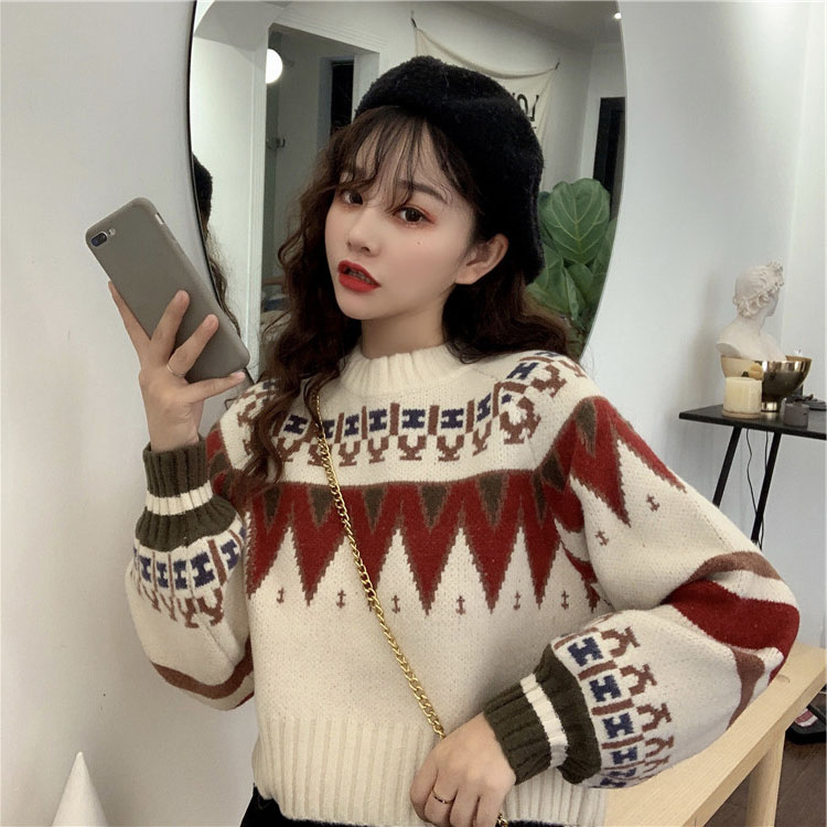 韓版森系慵懶風撞色拼接外穿毛衣女秋冬寬鬆圓領氛圍感套頭針織衫