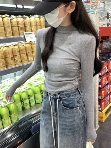 Photographed Autumn/Winter Korean Style Versatile Fitted Half-Neck Pleated Design Pure Cotton Base Layer T-Shirt for Women