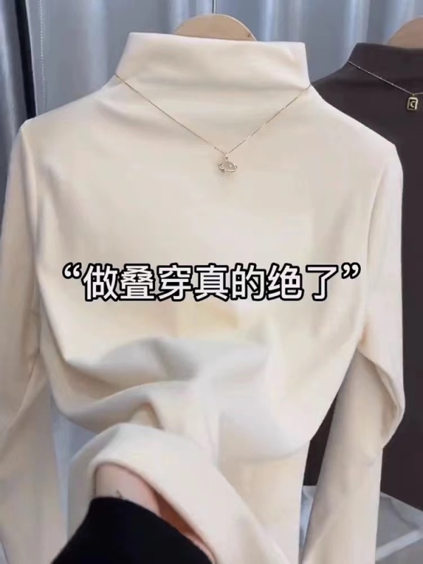 白色女士內搭半高領加絨打底衫秋冬上衣春裝洋氣中領新款長袖