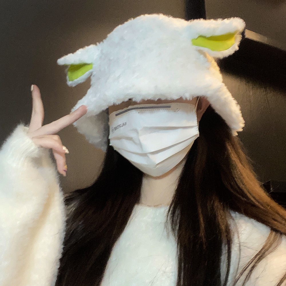 實拍~毛絨小羊可愛羊耳帽子女秋冬季保暖護耳情侶漁夫帽盆帽