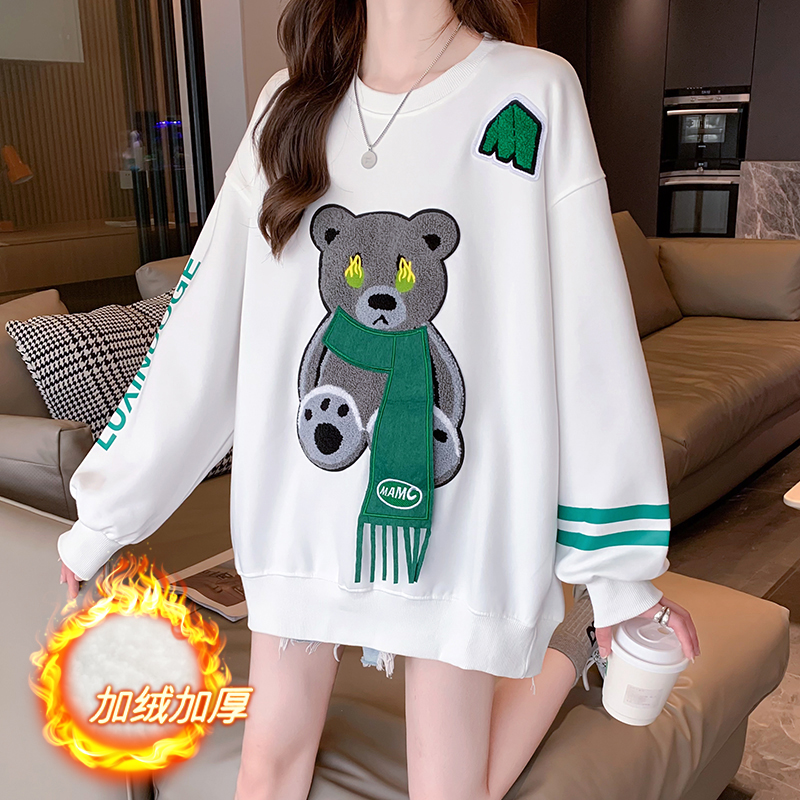 100%棉面華棉複合銀狐絨秋冬裝加厚韓版中長款寬鬆刺繡衛衣女
