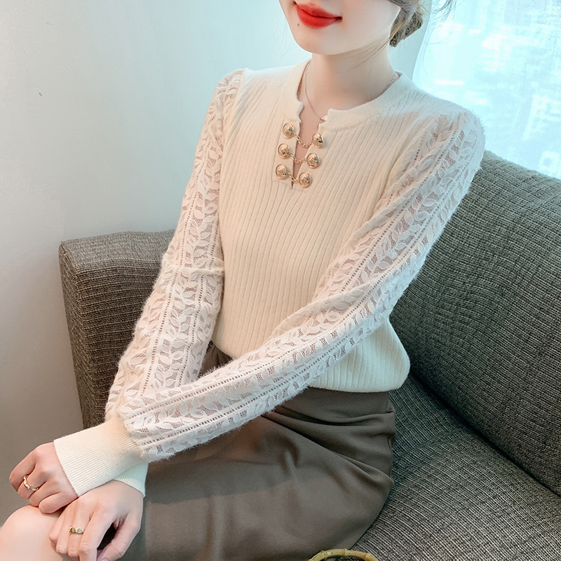 實拍2023長袖鏤空掛脖打底衫洋氣針織衫女秋冬新款設計感毛衣女