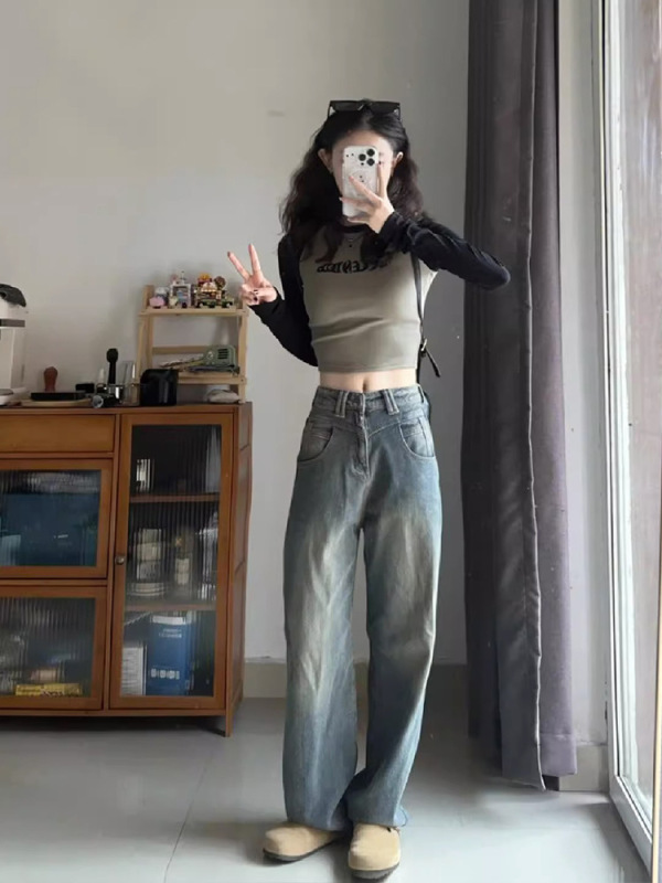美式復古辣妹插肩袖長袖t恤女早秋季修身內搭打底衫純棉短款上衣