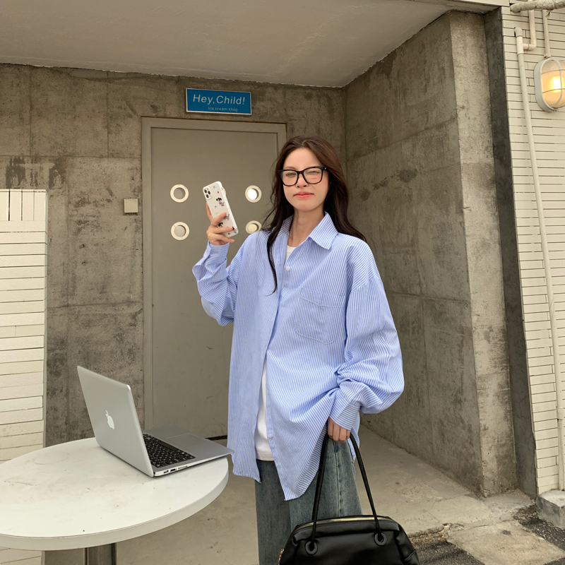 實拍基礎款秋季條紋長袖襯衫內搭外穿設計感小眾襯衣女休閒
