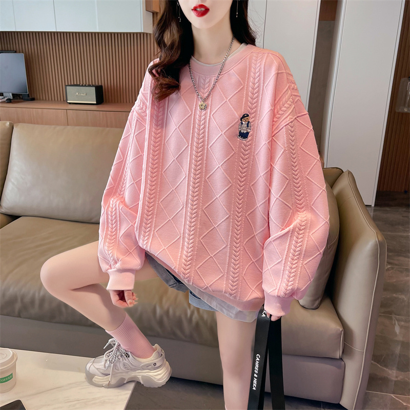 首發實拍加絨加厚440克刺繡假兩件提花衛衣圓領外套女
