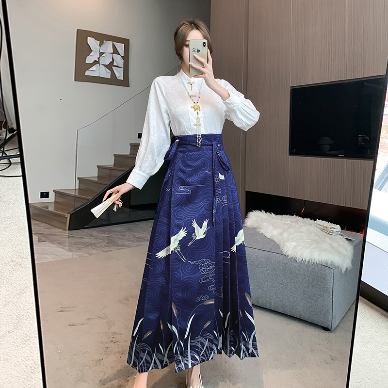 實拍 藍色中國風漢服馬面裙秋季女套裝2023新款小個子上衣新中式