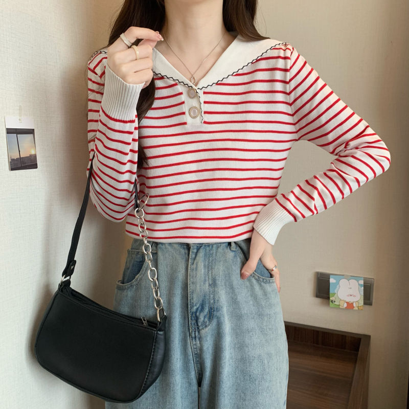 This year's popular striped long-sleeved sweater autumn and winter tops women's new soft and waxy inner layering shirt ice cool silk