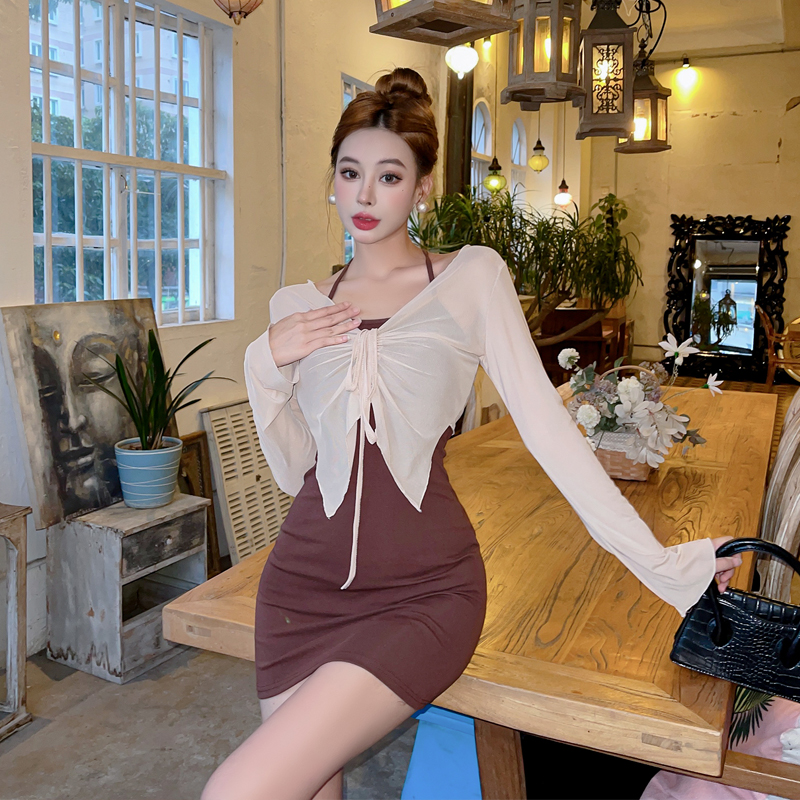 Real shot solid color V-neck spring and autumn suspender dress + mesh long-sleeved shawl 2-piece set