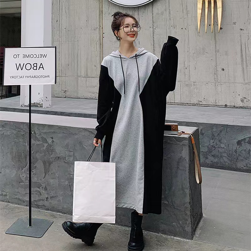 胖妹妹撞色拼接連帽衛衣休閒200斤大碼連衣裙加絨顯瘦女裝
